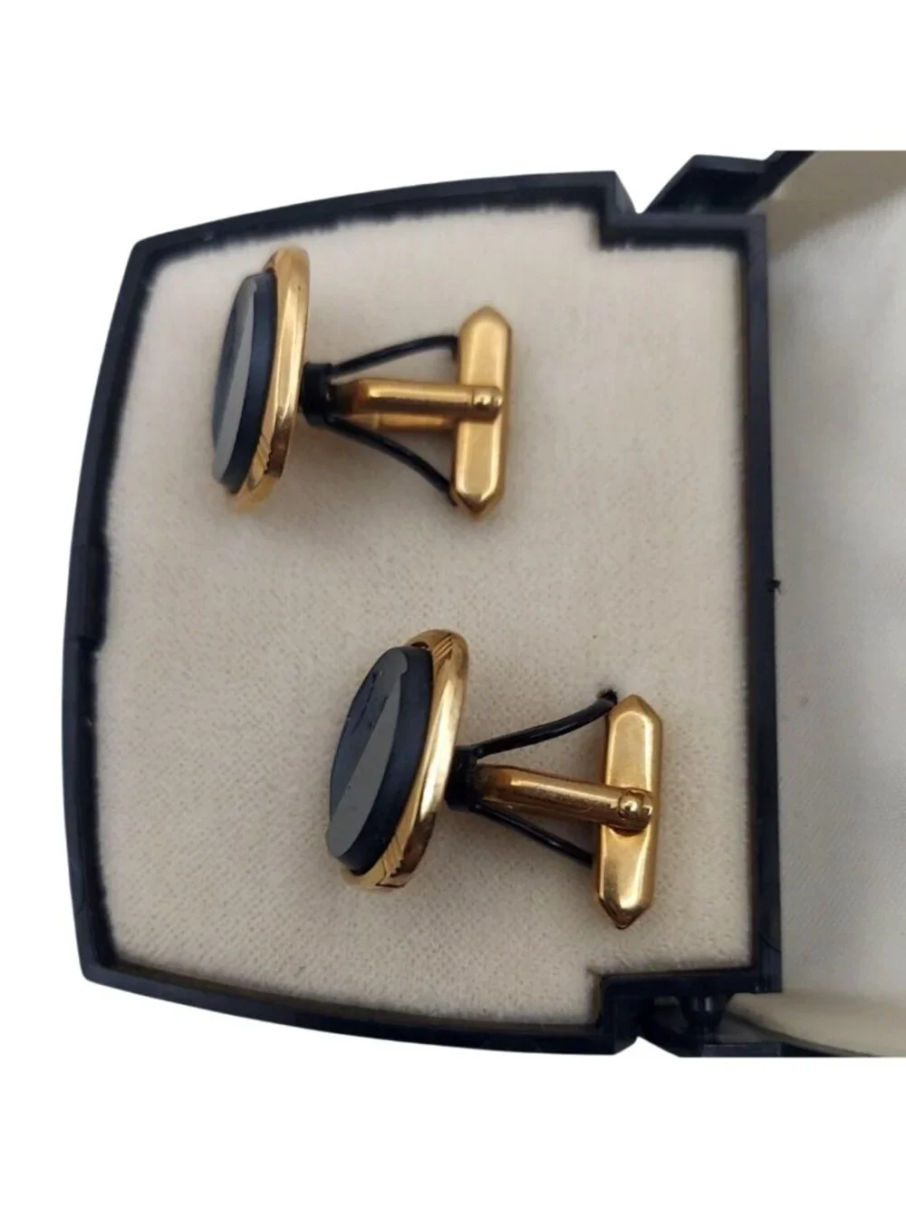 Vintage Intaglio Hematite Gold Tone Roman Soldier Cufflinks & Gift Storage Box
